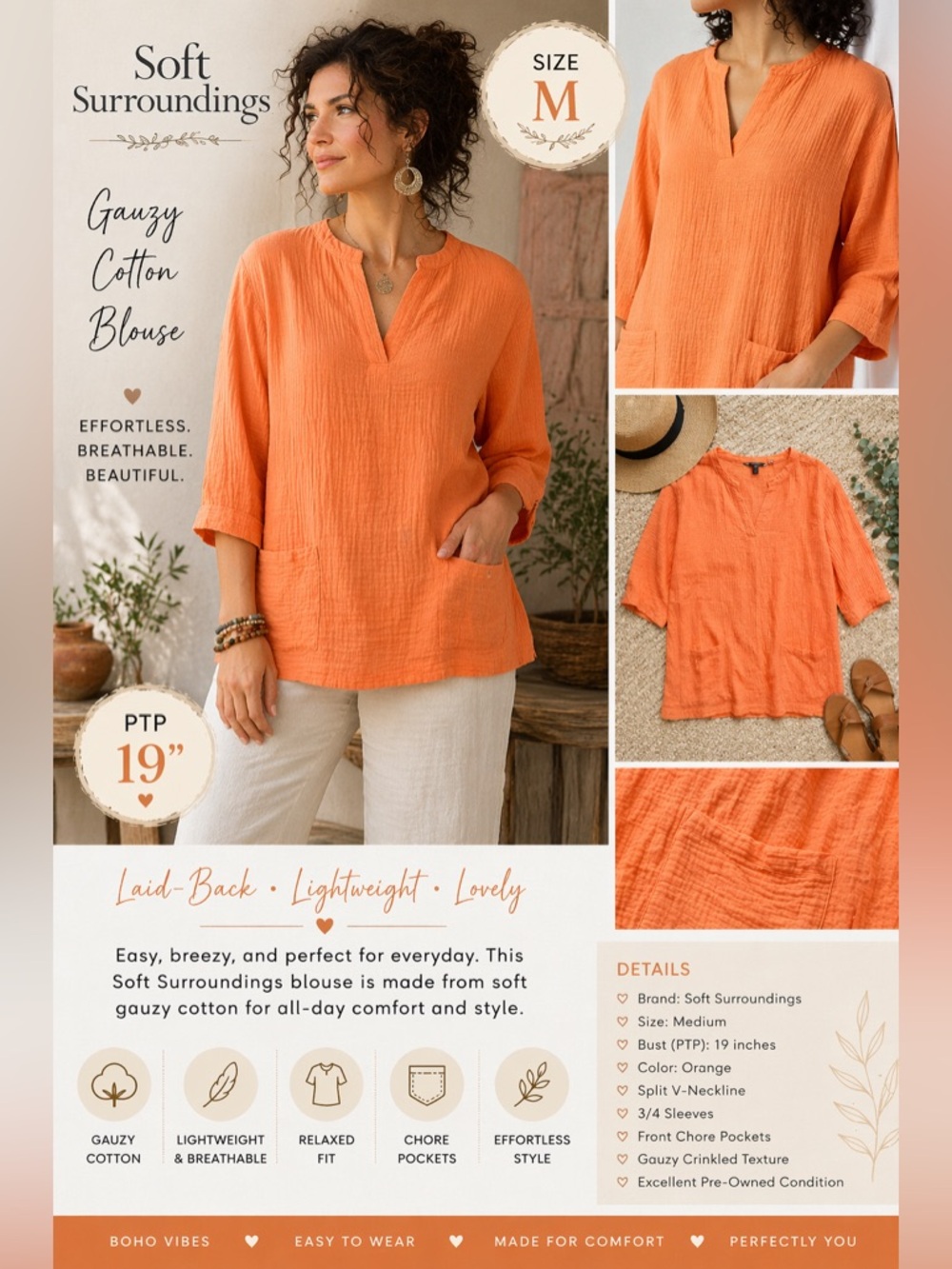 Soft Surroundings Gauzy Cotton Blouse Medium Orange Pocket Top Boho Relaxed
